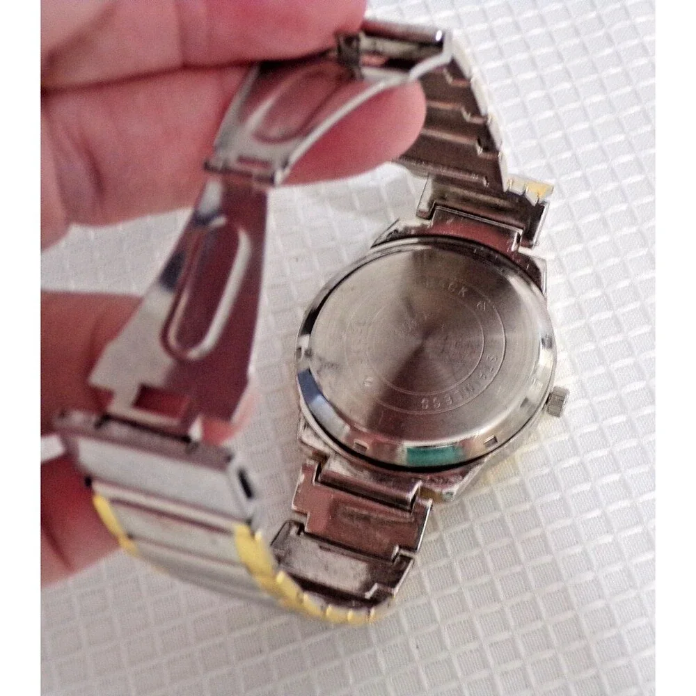 Omex Orlando Quartz Men's Wristwatch Silver & Gold Tone Dbl Folded Clasp Roman #